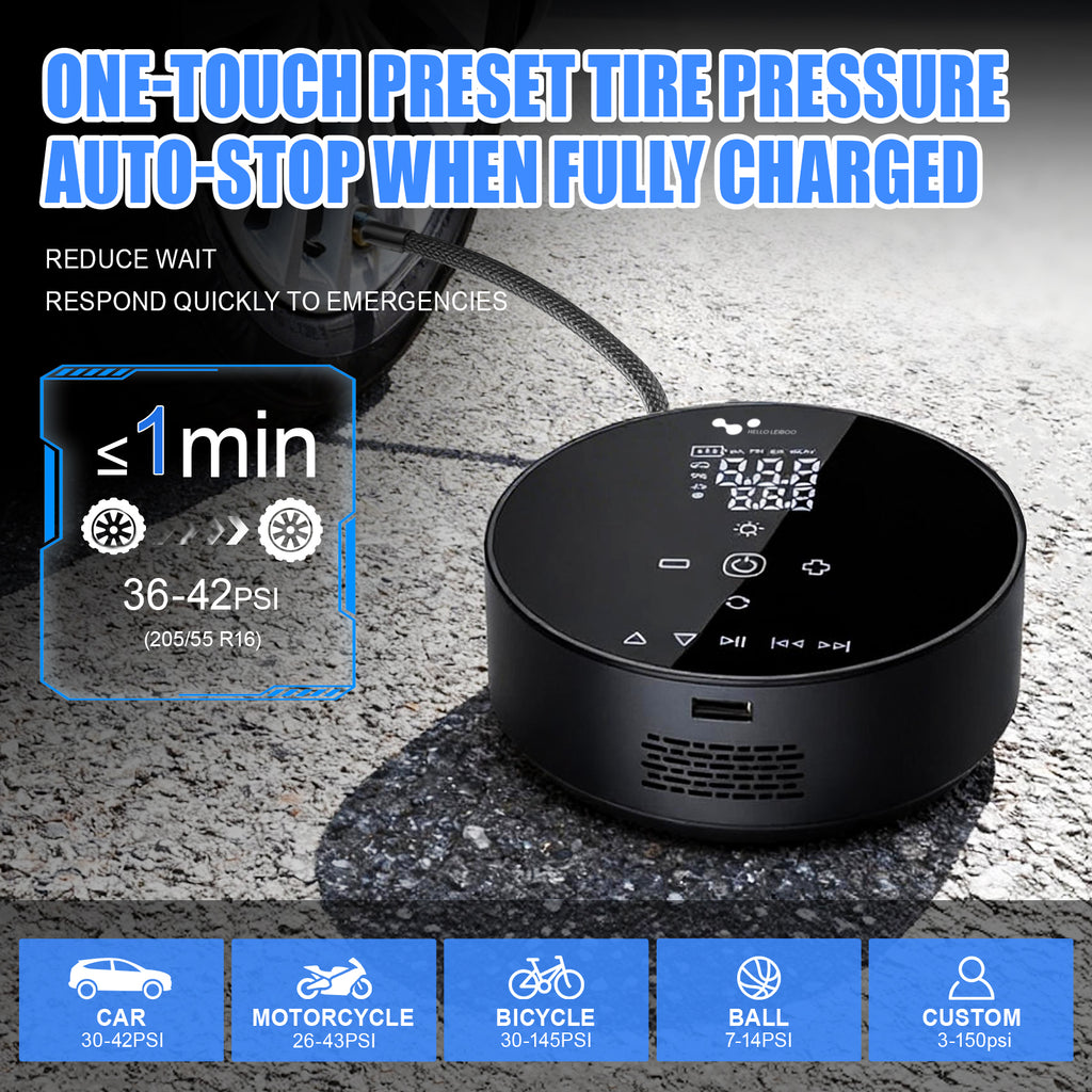 Gonfleur de pneus de voiture sans fil double alimentation 4500 mAh – Compresseur d'air portable avec haut-parleur Bluetooth, batterie externe et lampe LED