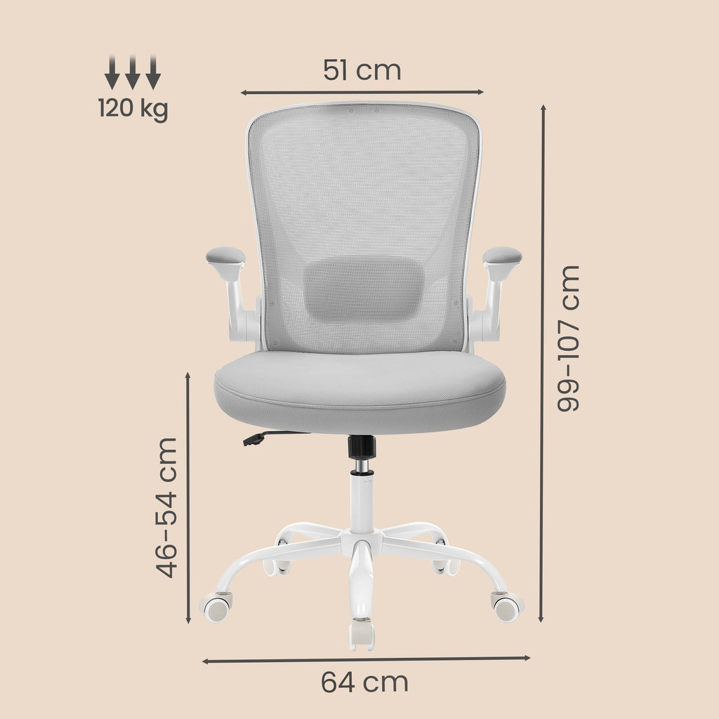 JOYFURNOS Chaise de bureau ergonomique pivotante en mesh, accoudoirs pliants, gris clair
