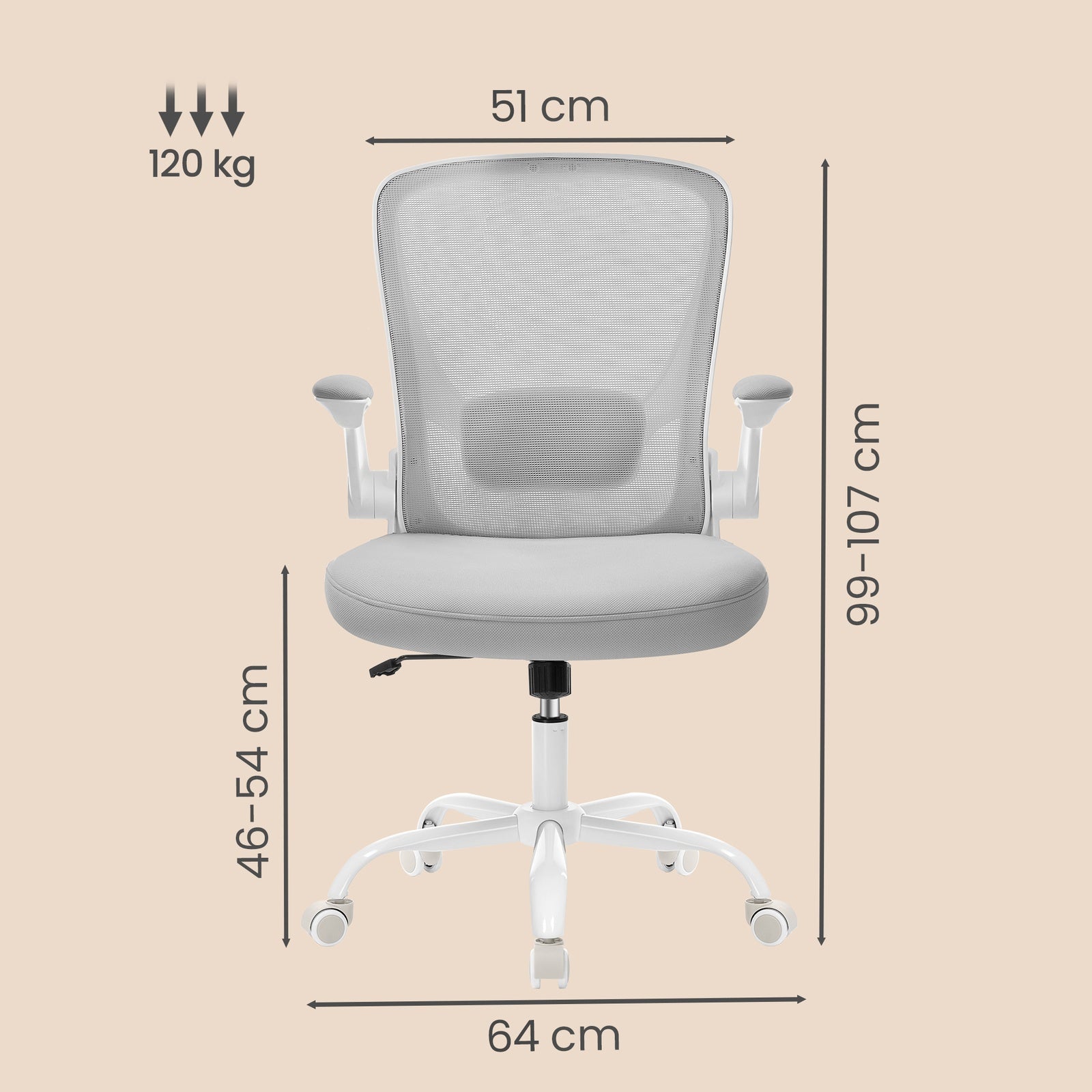 JOYFURNOS Chaise de bureau ergonomique pivotante en mesh, accoudoirs pliants, gris clair