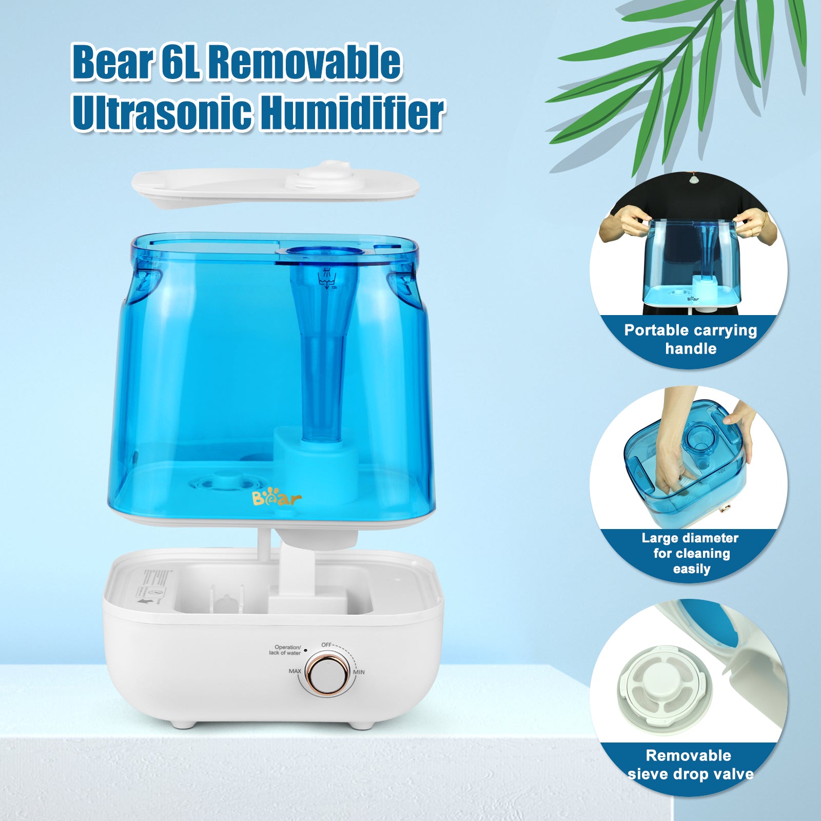Bear 6 L Humidificateur à Remplissage par le Haut, 28 dB Ultra Silencieux pour Bébés et Plantes, 35 Heures d'Autonomie, avec Plateau d'Aromathérapie, Buse de Vapeur Extensible à 360°