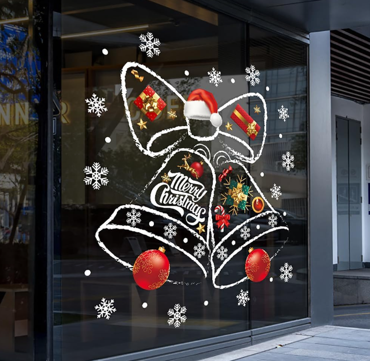 JU7CER Autocollants de vitre en forme de cloche de Noël, décorations de Noël, film adhésif pour vitres en PVC, autocollants de vitre de Noël, autocollants de vitre d'hiver