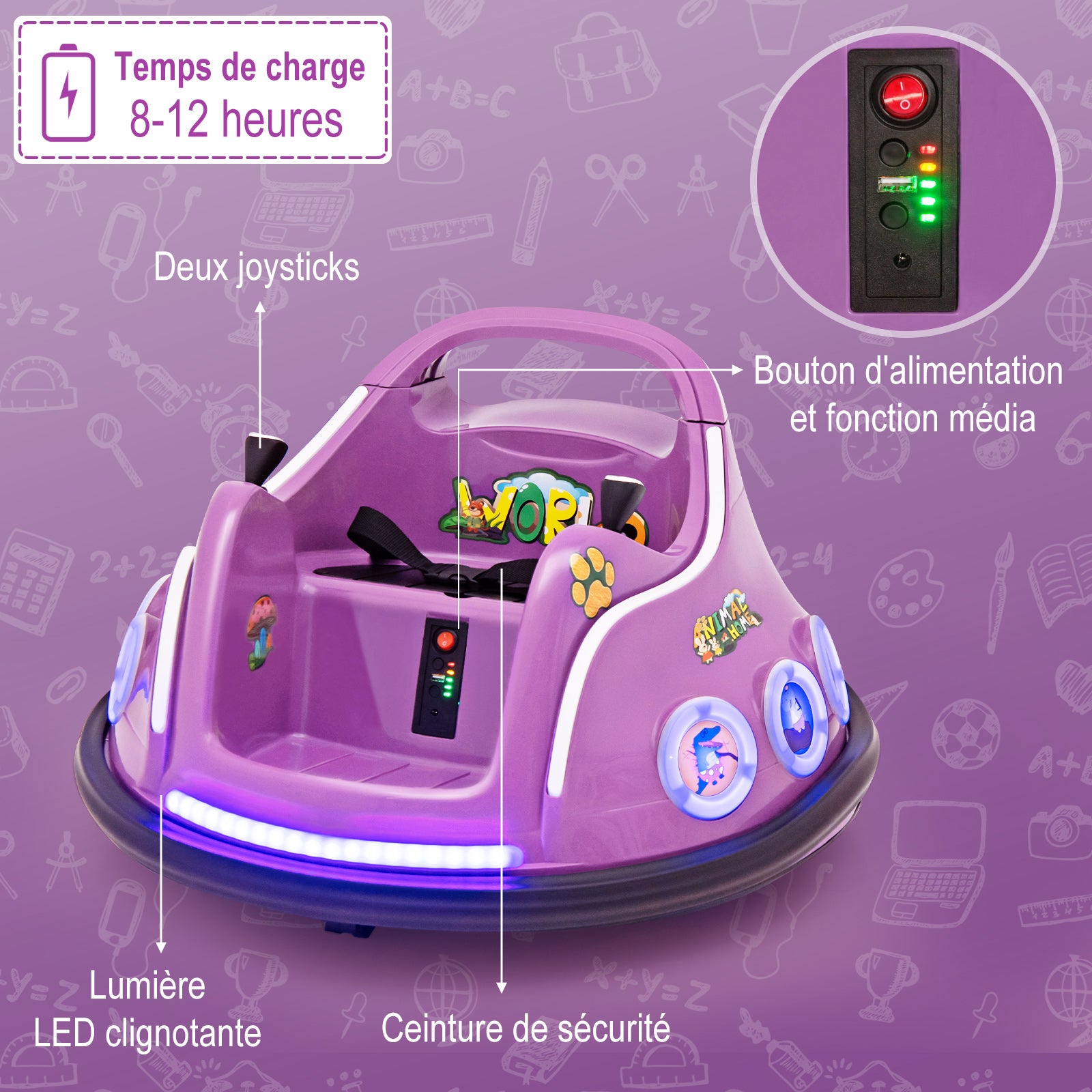 Costway Voiture électrique pour enfants 12 V, rotation à 360 degrés, avec musique, lumières et télécommande, violet