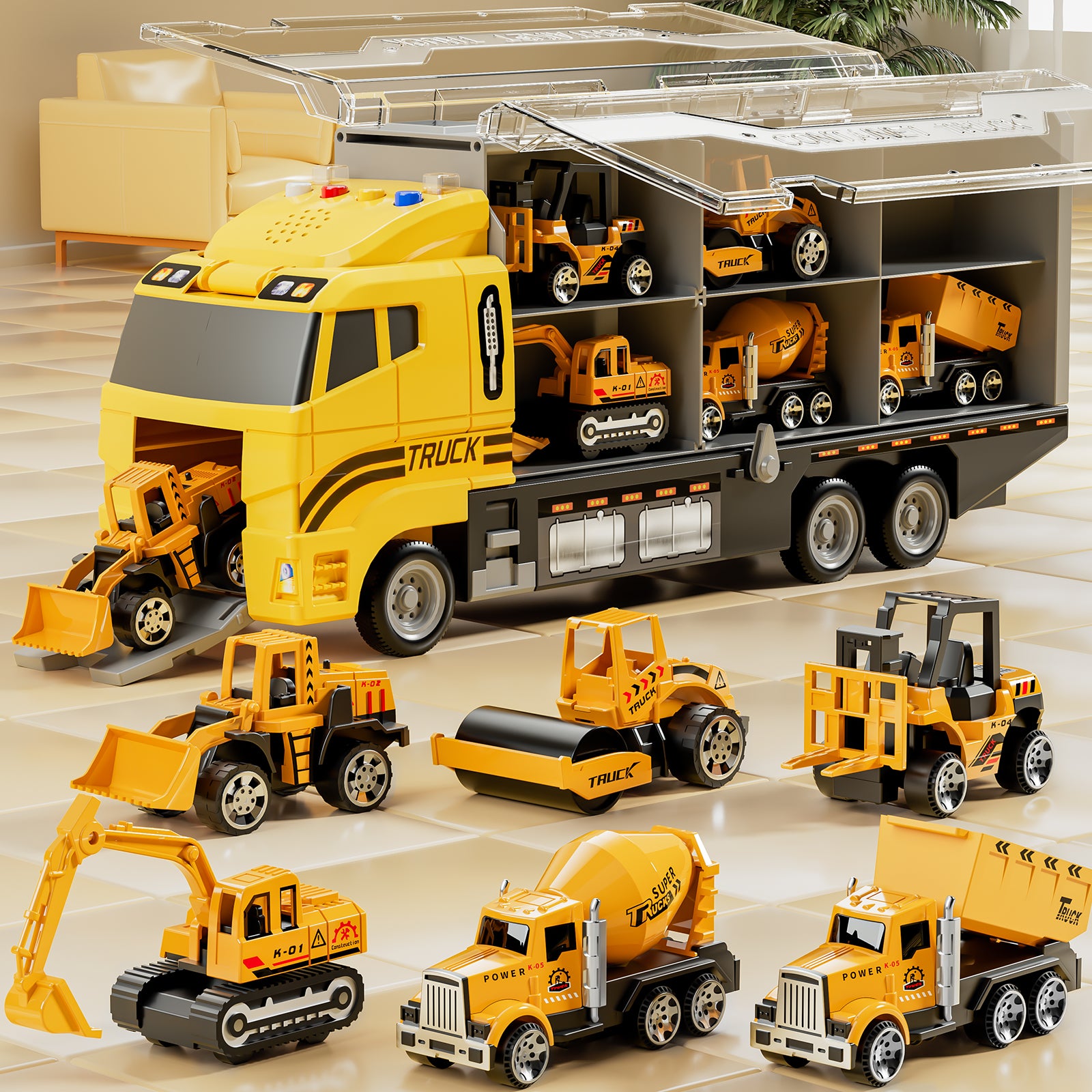 Ensemble de jouets de véhicules de camion de construction pour garçons avec tapis de jeu et voiture en métal moulé sous pression, camion de transport pour enfants 3-8 ans
