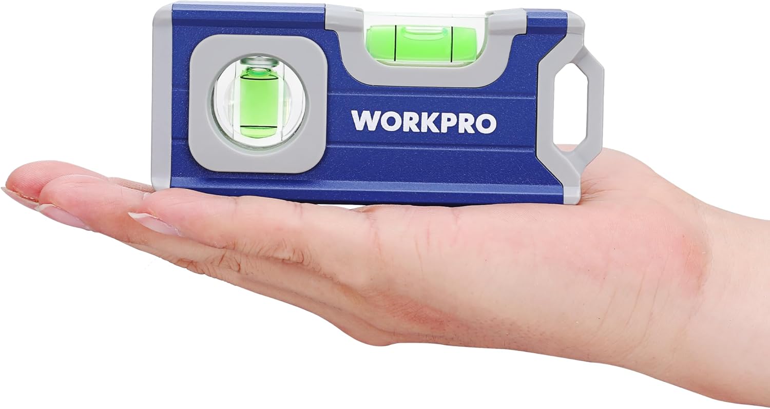 WORKPRO Mini niveau à bulle magnétique en alliage d'aluminium avec trou de suspension et aimant puissant 115 mm, 2 niveaux 90°/180°