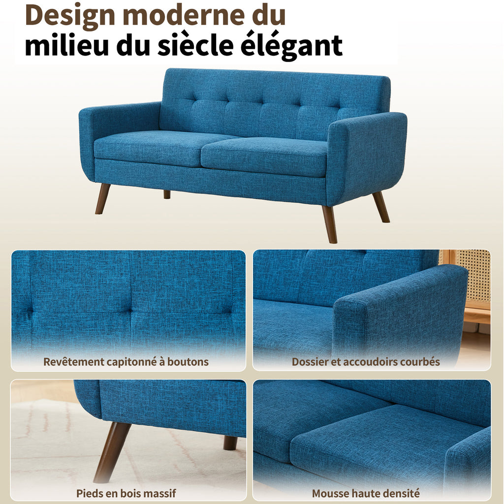 HONEYOU Canapé 165 cm, Canapés de coin pour décoration moderne du milieu du siècle pour salon, petit canapé capitonné à boutons pour chambre, meuble de coin solide et facile à installer, bleu