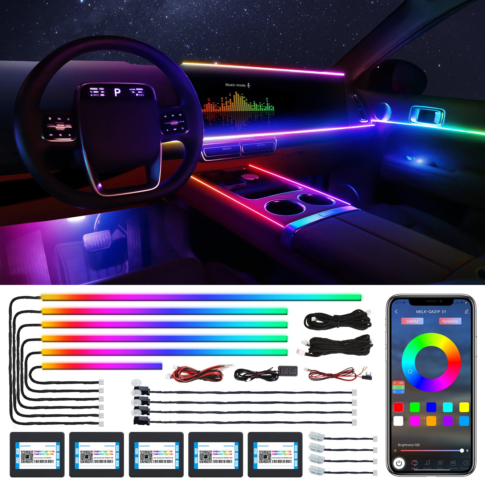 VGETTING Dreamcolor Ruban lumineux LED en acrylique pour intérieur de voiture avec application sans fil, RVB 14-en-1, 175 po, 600 LED