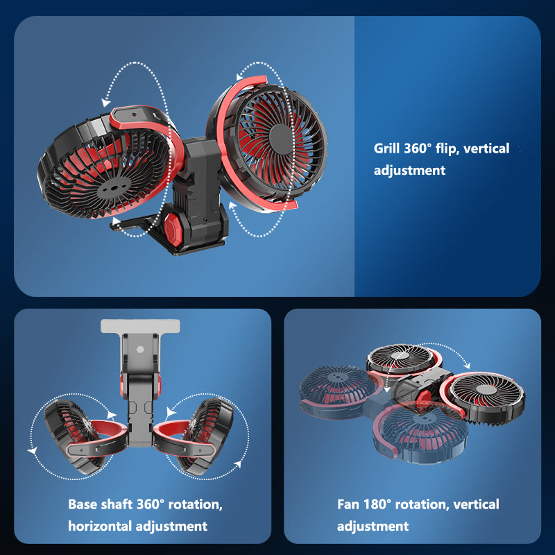 Ventilateur de voiture pliable à double tête avec 2 ports USB, alimentation allume-cigare 12 V/24 V, ventilateur de refroidissement réglable à 3 vitesses avec rotation à 360°