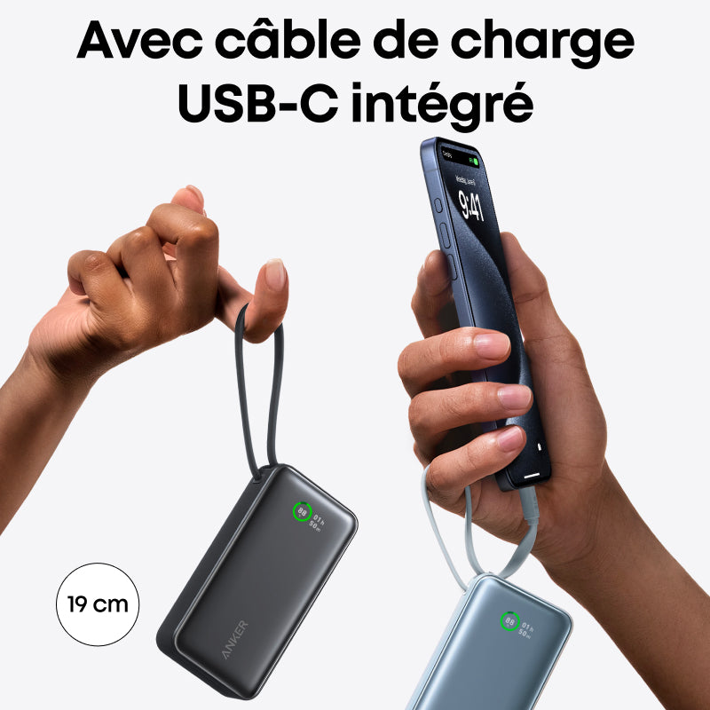 Anker Nano Batterie externe 10 000 mAh avec câble USB-C intégré, Puissance maximale PD 30 W, 1 port USB-C et 1 port USB-A, Compatible iPhone 16 Pro Max/15/14/13/12, MacBook, Galaxy, iPad, AirPods
