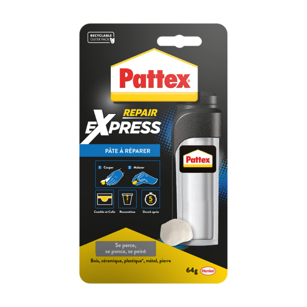 Henkel Pattex | Pâte à réparer multi-usages (tube de 64 g) – Pâte epoxy bi-composante pour collages sur de multiples matériaux – Idéale pour reconstituer, colmater et coller