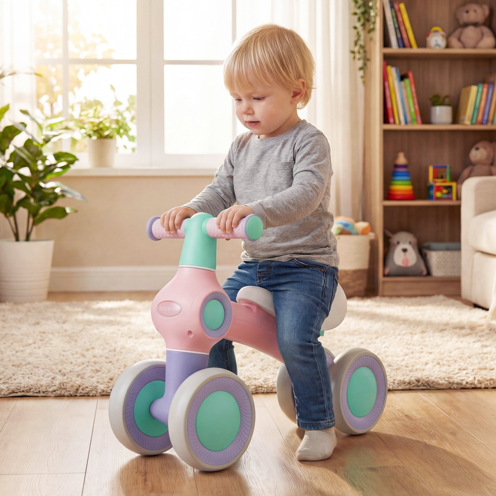 Draisienne pour bébé, siège rembourré réglable, 4 roues silencieuses, sans pédales, rose