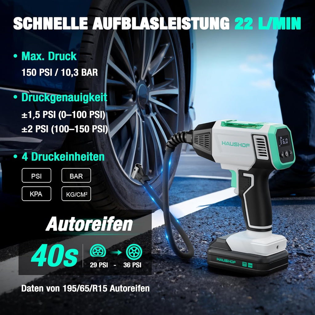 HAUSHOF Compresseur sans fil pour voitures Pompe à air portable avec batterie 2000 mAh 4 modes intelligents + mode manuel Affichage numérique Arrêt automatique pour pneus motos vélos ballons