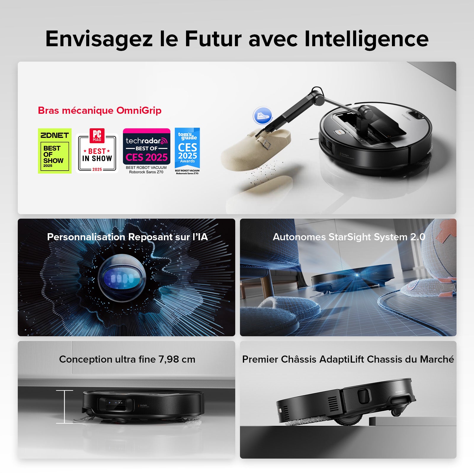 roborock Saros Z70 Aspirateur robot avec fonction de lavage, bras OmniGrip, prise en charge par IA, puissance d'aspiration de 22 000 Pa, ultra-fin de 7,98 cm, support FlexiArm