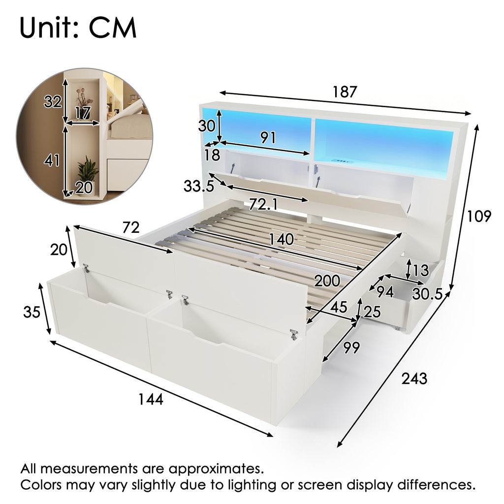 URBAN MEUBLE Lit double 140 x 200 cm blanc avec rangement, éclairage LED, prises USB, tiroirs, banc, étagères, sommier à lattes pour chambre d'adolescent
