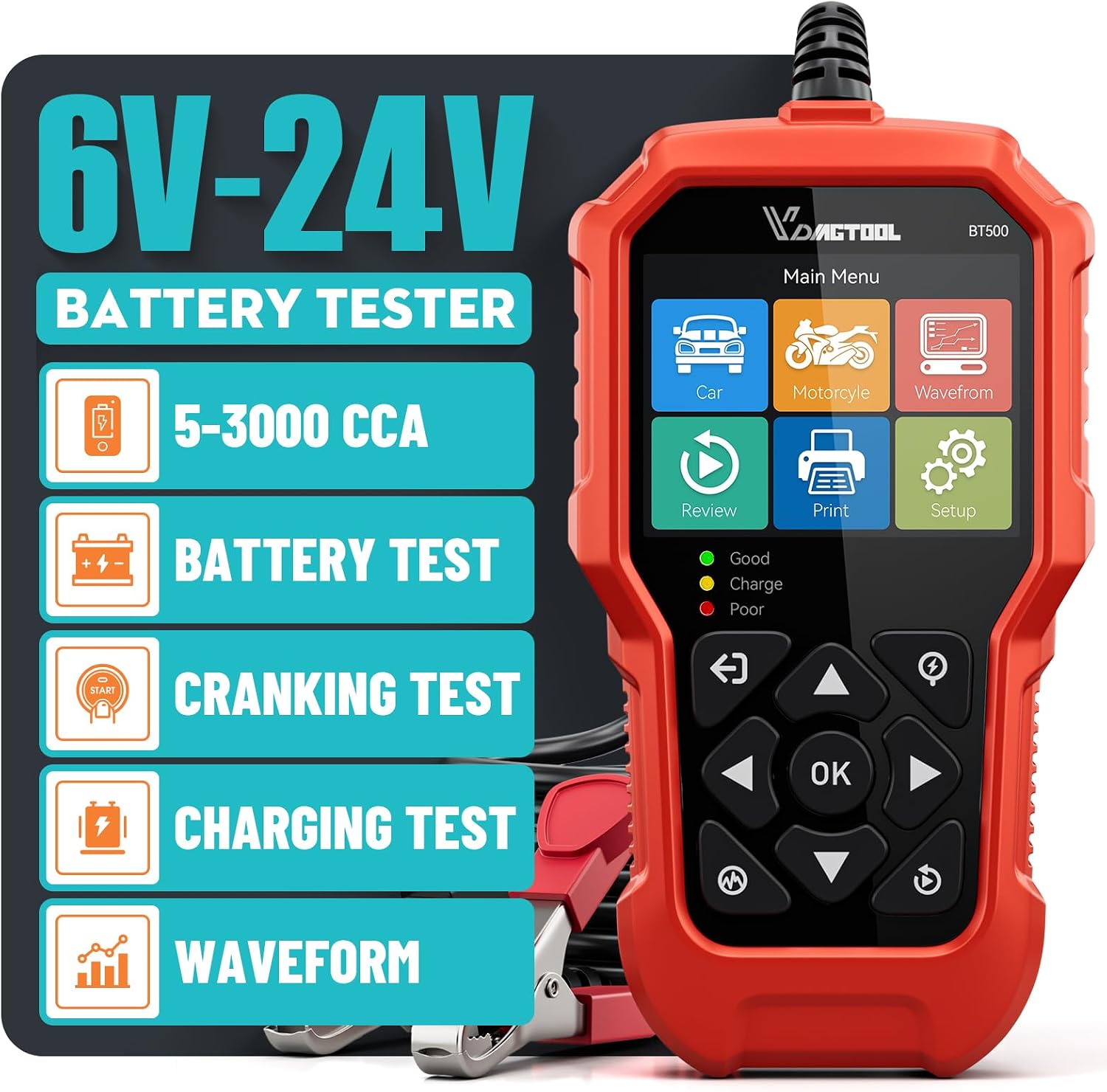 Testeur de batterie de voiture 6 V 12 V 24 V VDIAGTOOL BT500, Testeur de charge de batterie 5-3000 CCA