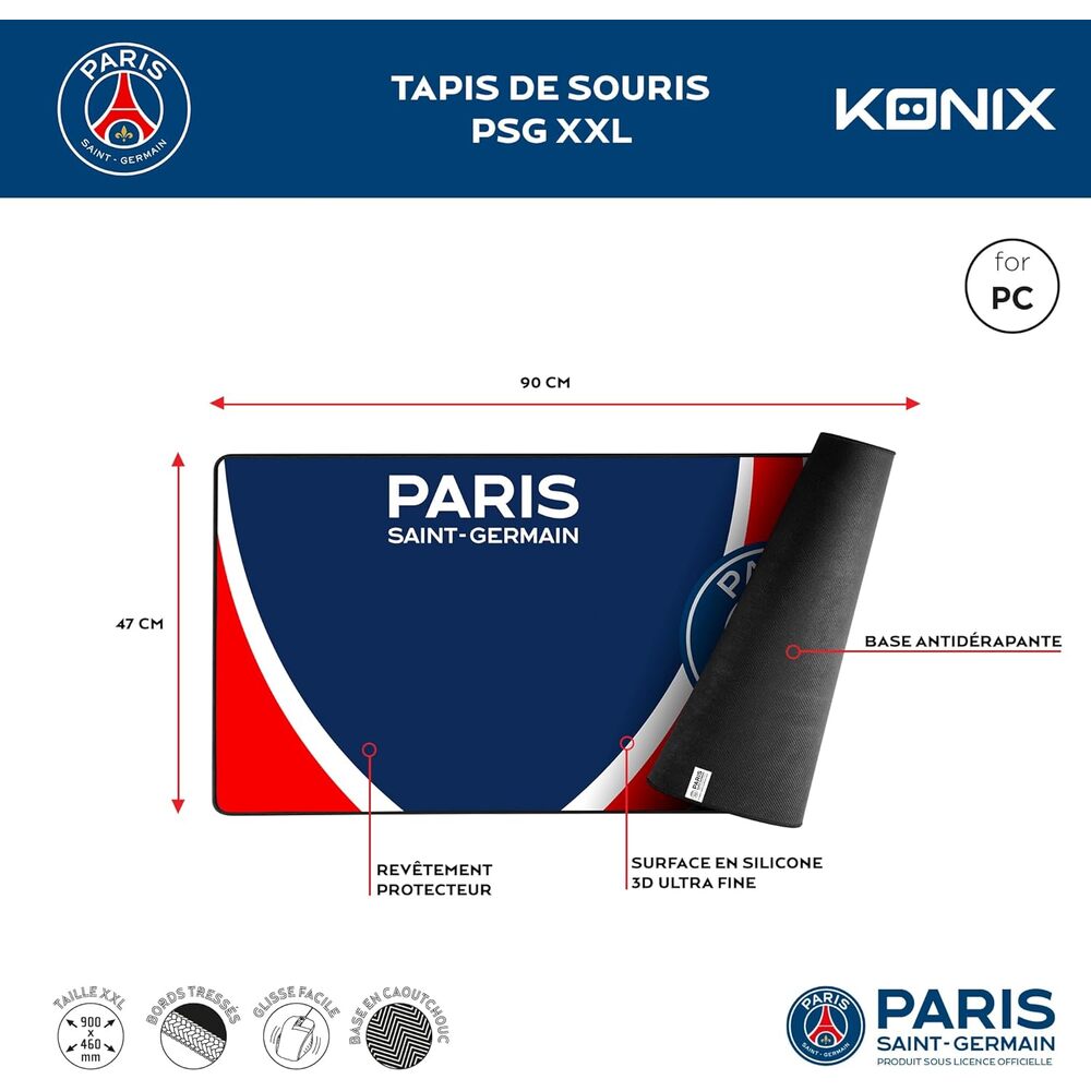 Konix PSG XXL Tapis de souris de jeu 90 x 46 cm - Surface en silicone 3D ultra-fine - Base en caoutchouc antidérapante - Bleu, blanc et rouge