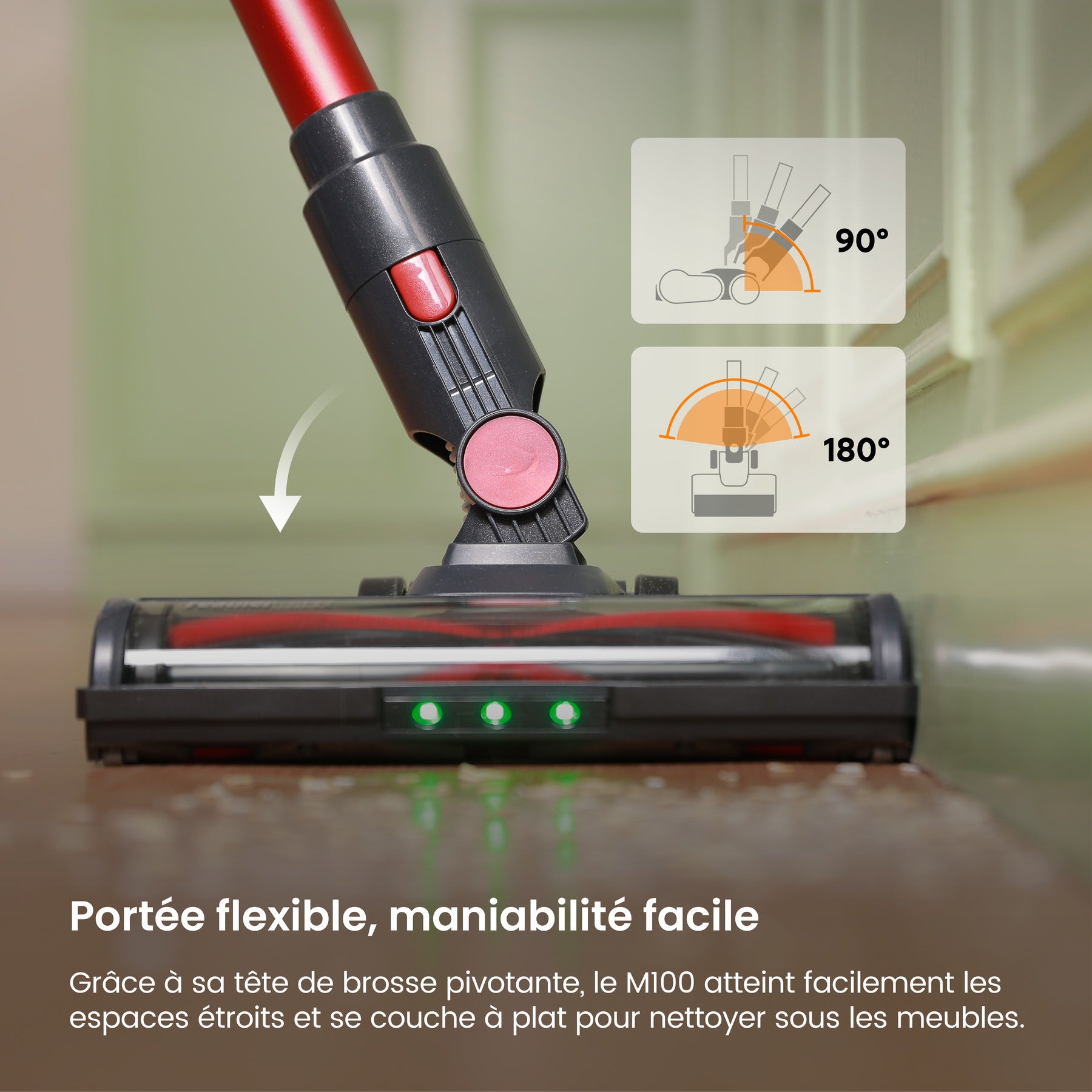 MonsgaClean M100 Aspirateur sans fil rouge, 55000 Pa, 45 min, écran tactile, lumière verte pour révéler la poussière, anti-emmêlement, tient debout tout seul, rechargeable
