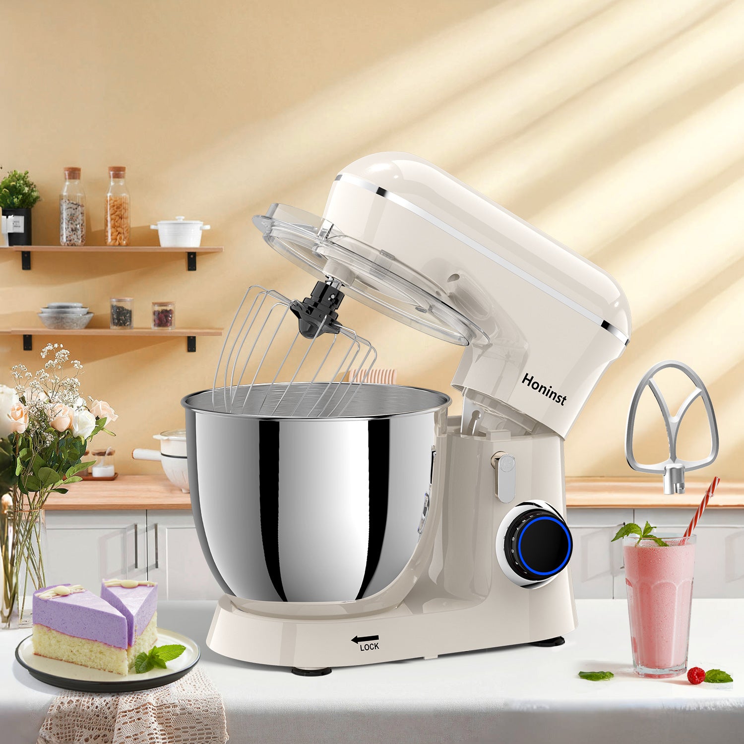 HONINST Robot pâtissier, Robot pâtissier électrique à tête inclinable 6,5 qt 10 vitesses, Robot de cuisine 3-en-1 avec bol, crochet pétrisseur, fouet et batteur plat