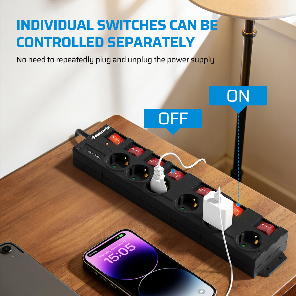 DEWENWILS Multiprise 6 prises avec USB, Interrupteurs individuels, Protection contre les surcharges, Sécurité enfant, Prises orientées à 90°, 5 m, Noir