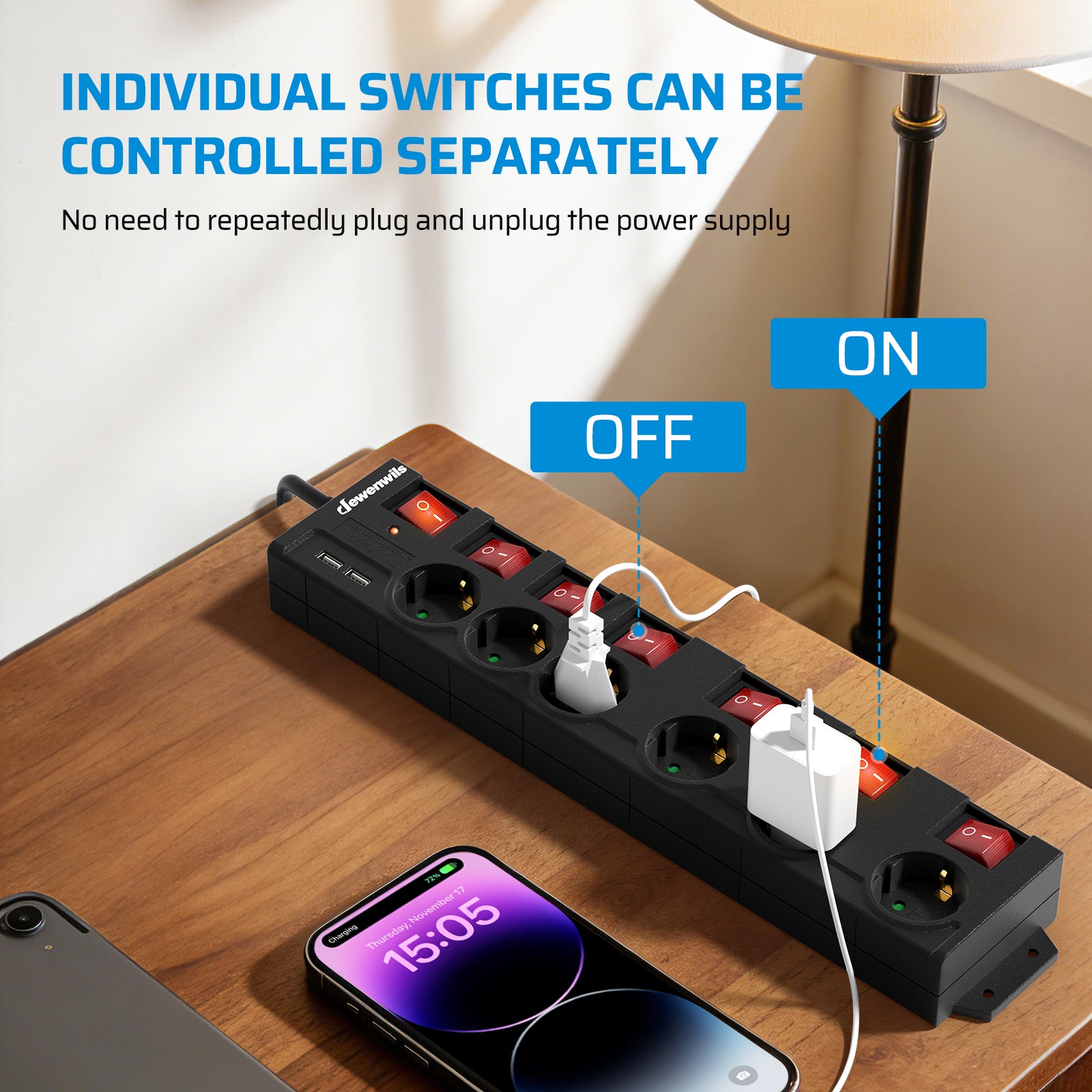 DEWENWILS Multiprise 6 prises avec USB, Interrupteurs individuels, Protection contre les surcharges, Sécurité enfant, Prises orientées à 90°, 5 m, Noir