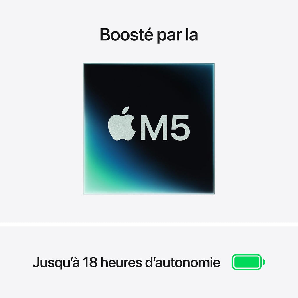Apple MacBook Air 15 pouces Puce M5 Processeur 10 cœurs Processeur graphique 10 cœurs Mémoire vive 24 Go SSD 1 To Bleu ciel, AZERTY