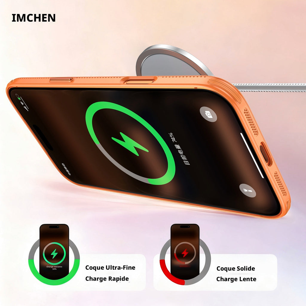 Coque pour iPhone 17 Pro Max, dissipation thermique des bords, anneau magnétique MagSafe, version fine, orange, 1 pièce