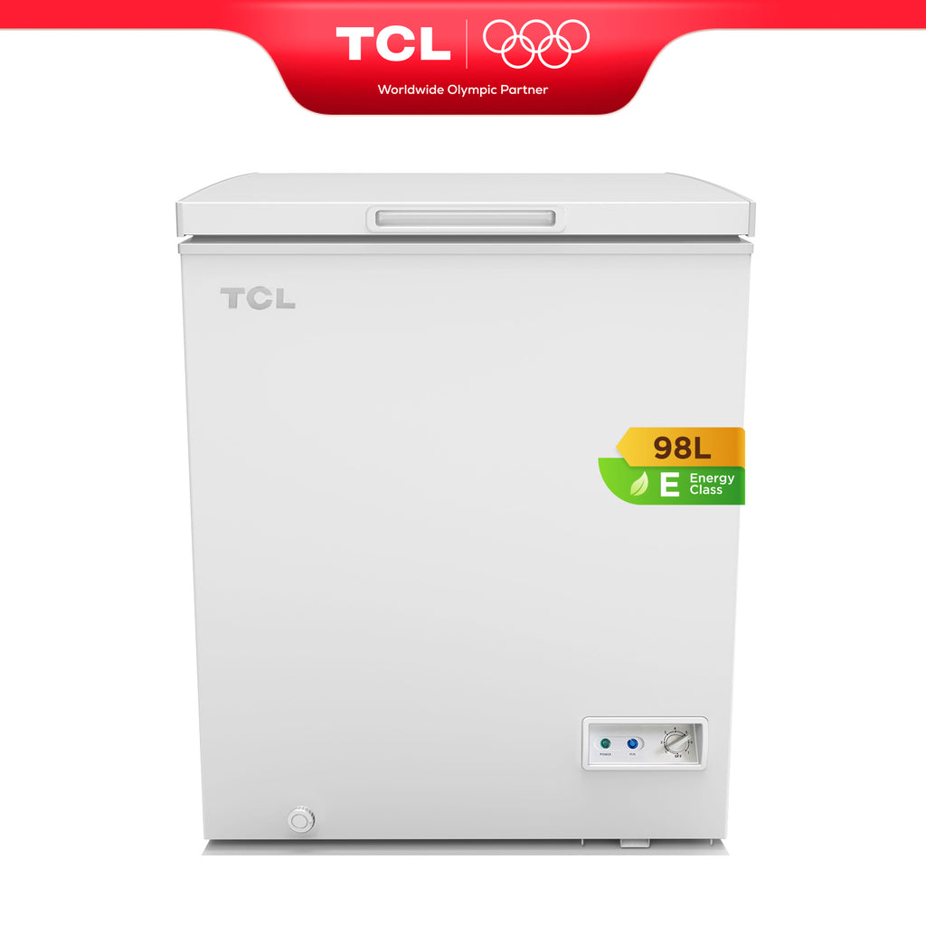 TCL CF126EWE0FR Congélateur avec panier de rangement, charnière de couvercle, thermostat réglable, pieds réglables, classe énergétique E - 98 L