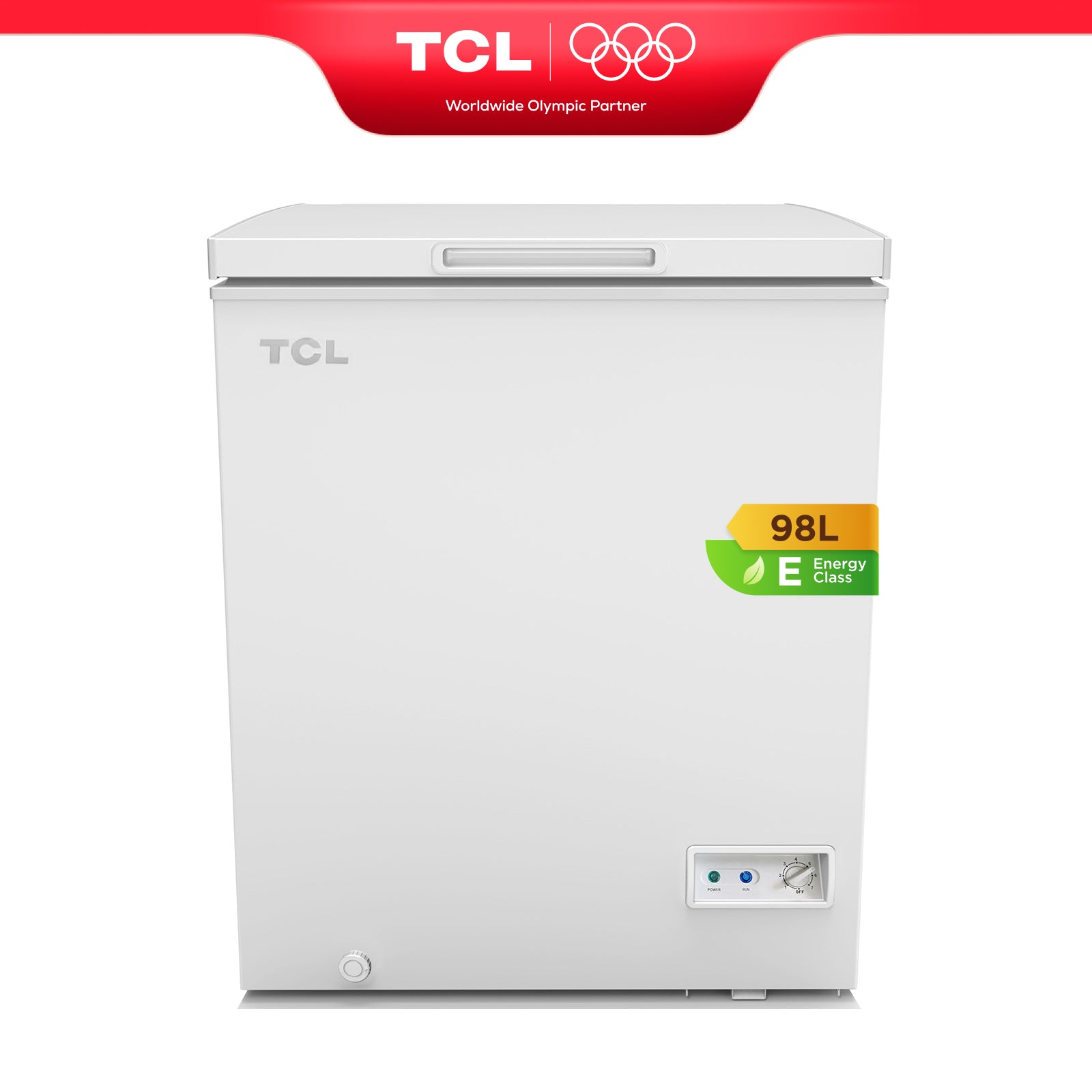 TCL CF126EWE0FR Congélateur avec panier de rangement, charnière de couvercle, thermostat réglable, pieds réglables, classe énergétique E - 98 L