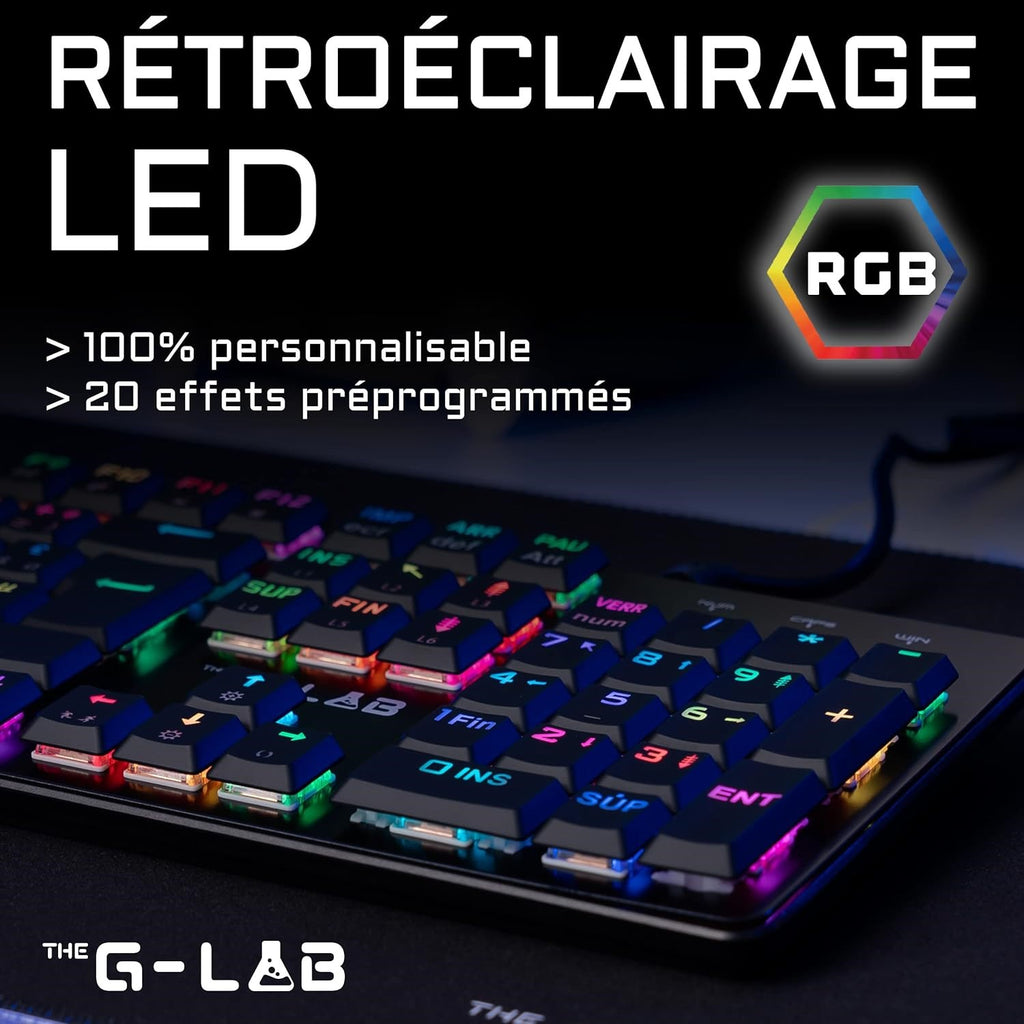 THE G-LAB Keyz Platinum Clavier Gaming Mécanique (Switch Rouge) Filaire RGB, Taille Complète - AZERTY - Noir