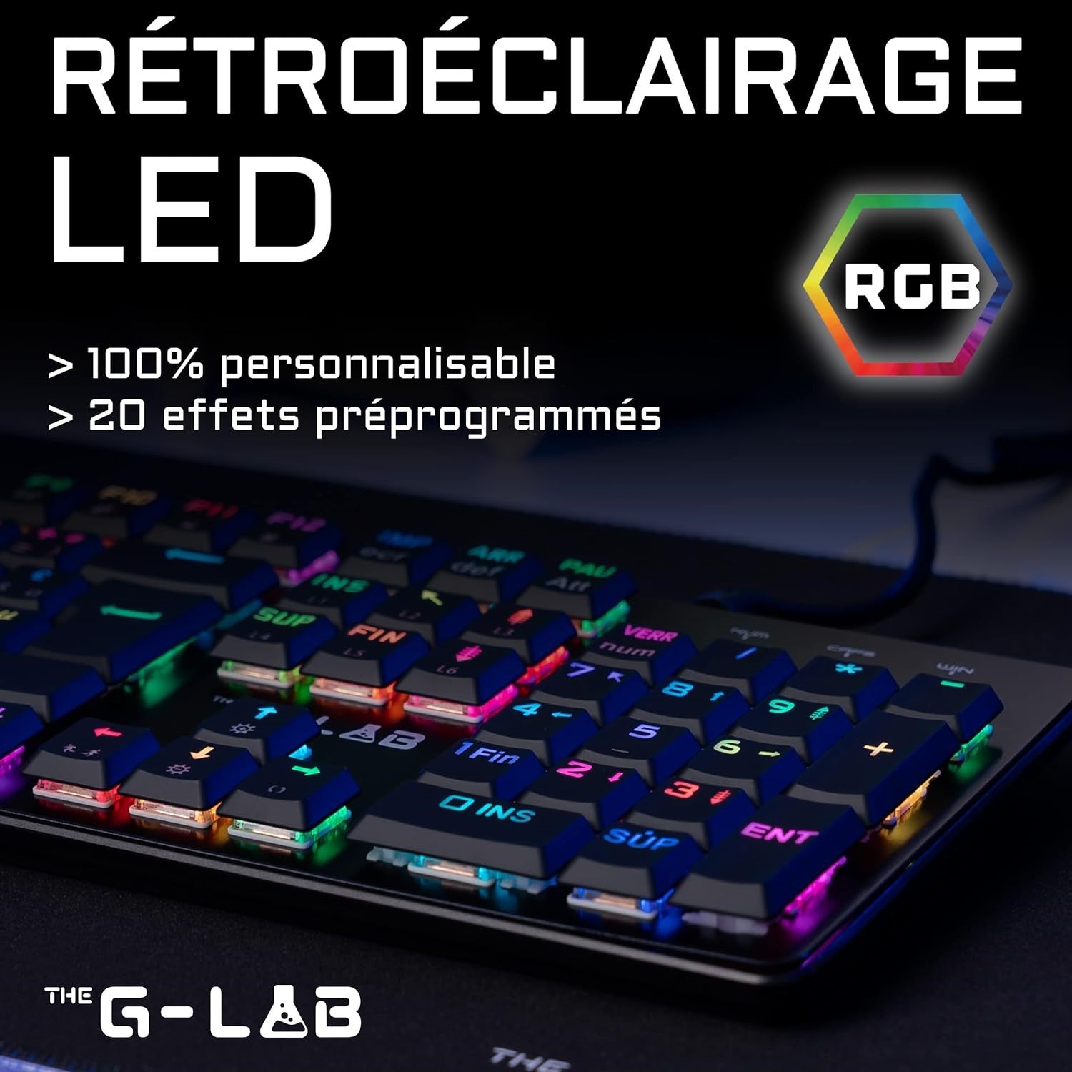 THE G-LAB Keyz Platinum Clavier Gaming Mécanique (Switch Rouge) Filaire RGB, Taille Complète - AZERTY - Noir