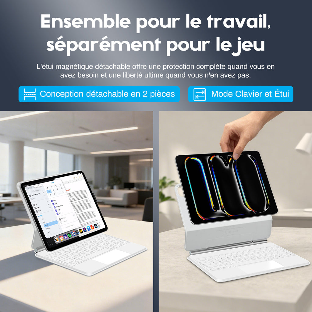 Rexsun Étui-clavier pour tablette – Conception flottante magnétique, housse de protection détachable, pavé tactile de précision pour iPad Pro 11 po/Air 10,9 po/11 po, modèle P11-2 (Blanc)