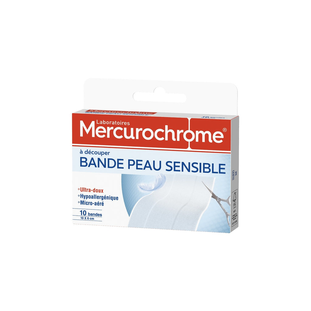 MERCUROCHROME Bandes Peau Sensible Ultra Doux Hypoallergénique Micro-aéré 10x6cm