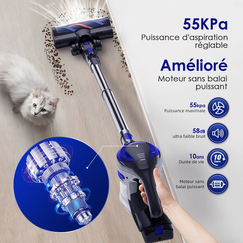 Daynee Aspirateur sans fil, 55 kPa, avec tuyau et brosse pour animaux, HEPA*4, pour poils d'animaux, tapis et sols durs