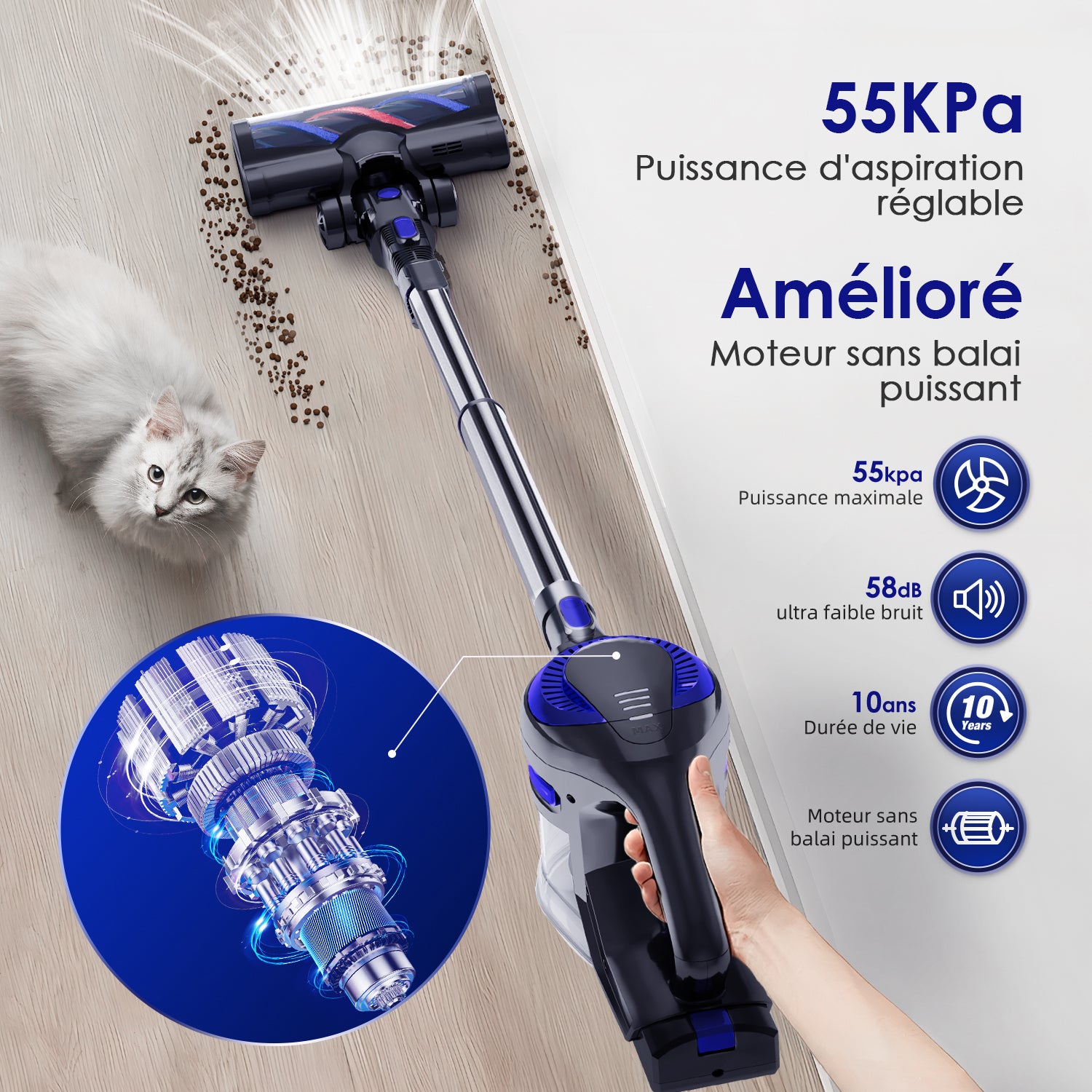 Daynee Aspirateur sans fil, 55 kPa, avec tuyau et brosse pour animaux, HEPA*4, pour poils d'animaux, tapis et sols durs