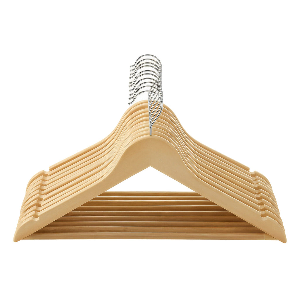 Ochama Lot de 10 cintres à manteaux en bois naturel – encoches d’épaule antidérapantes, crochet pivotant argenté 360° – parfaits pour costumes, chemises et manteaux