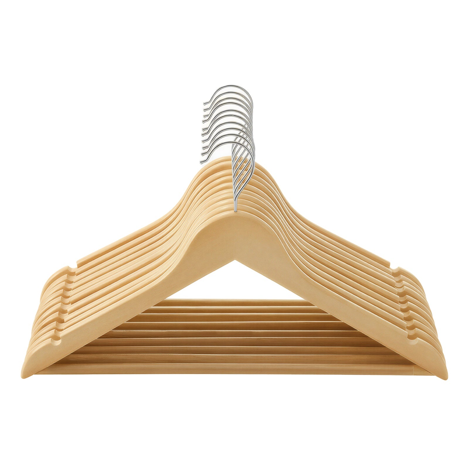 Ochama Lot de 10 cintres à manteaux en bois naturel – encoches d’épaule antidérapantes, crochet pivotant argenté 360° – parfaits pour costumes, chemises et manteaux