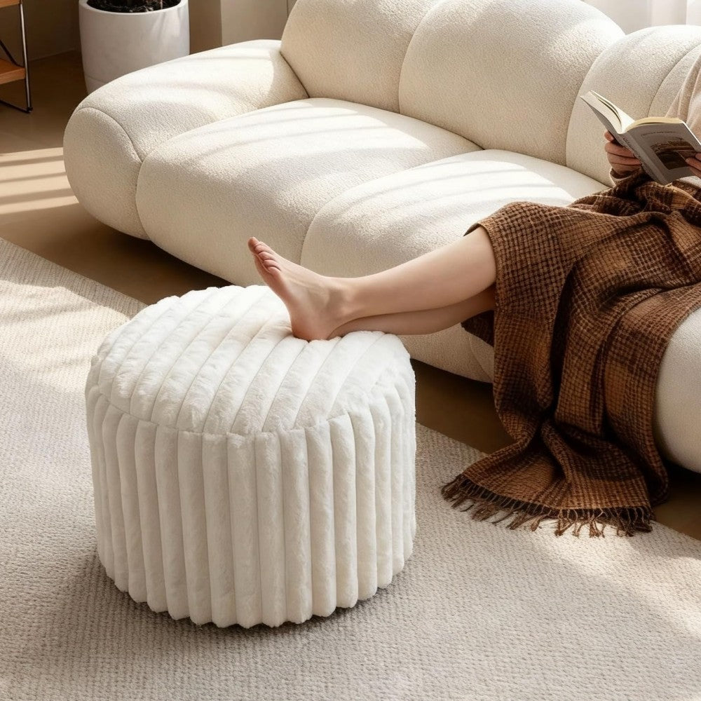 Pouf rond en fausse fourrure, coussin de pieds en forme de haricot, avec rembourrage en mousse, pouf ottoman rembourré pour repose-pieds, tabouret de coiffeuse, tabouret de pieds 38 x 50 cm pour canapé et salon, blanc