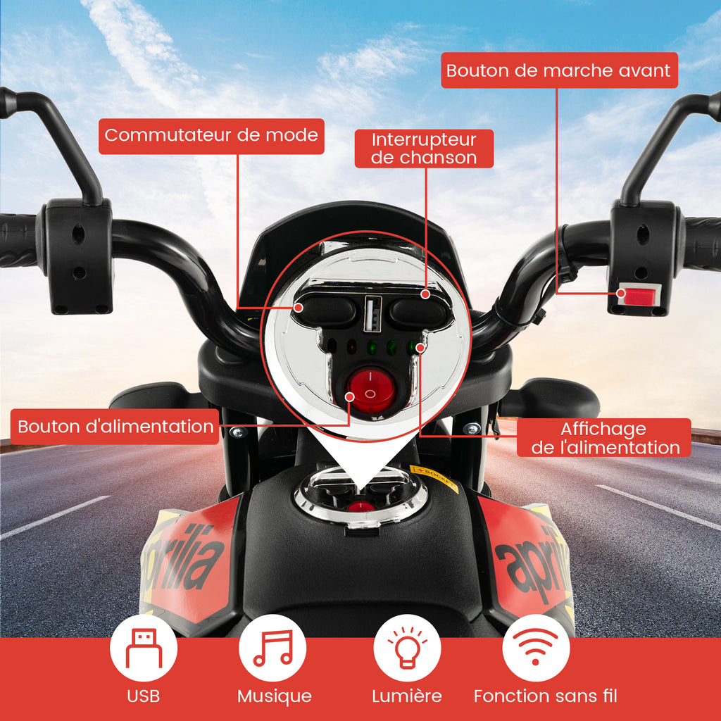 Moto électrique pour enfants 12 V avec roues d'apprentissage, modèle sous licence Aprilia, rouge