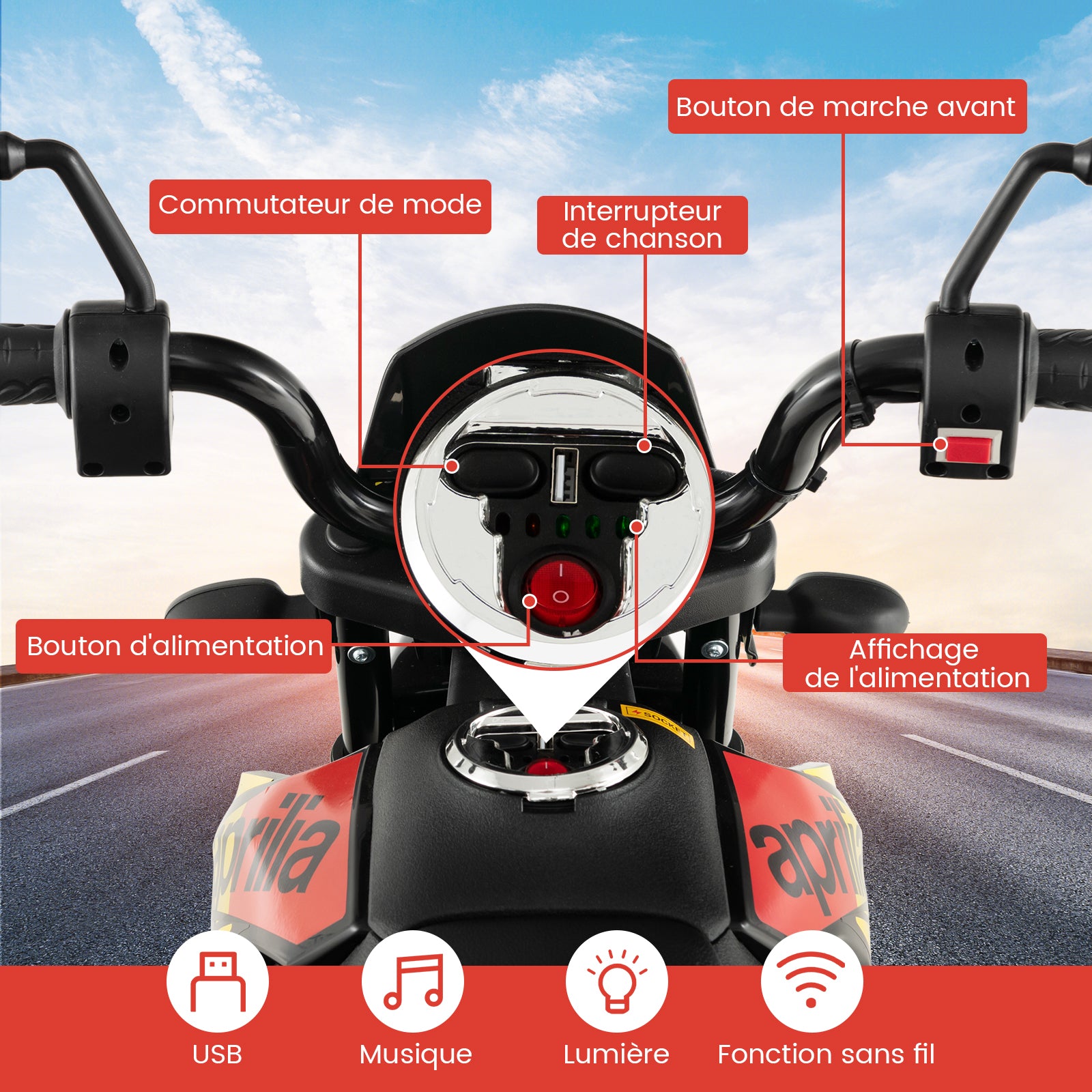Moto électrique pour enfants 12 V avec roues d'apprentissage, modèle sous licence Aprilia, rouge
