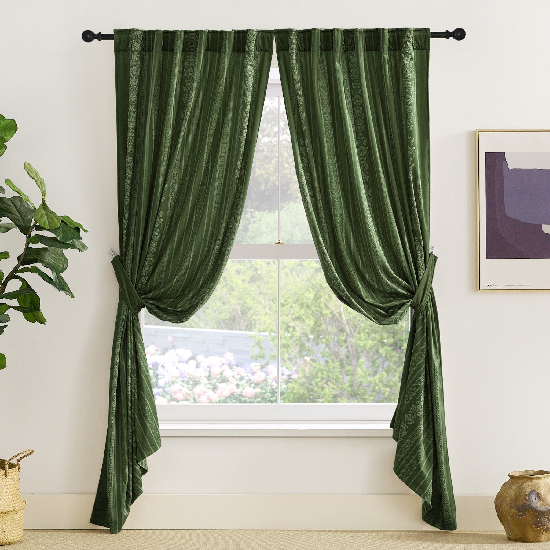PONY DANCE Rideaux en Velours Rayés et à Motifs Floraux à Lanières Arrière, Rideaux Occultants Isolants Thermiques de Luxe Classiques pour Salon Chambre, 2 Panneaux, L 127 x H 220 cm, Vert