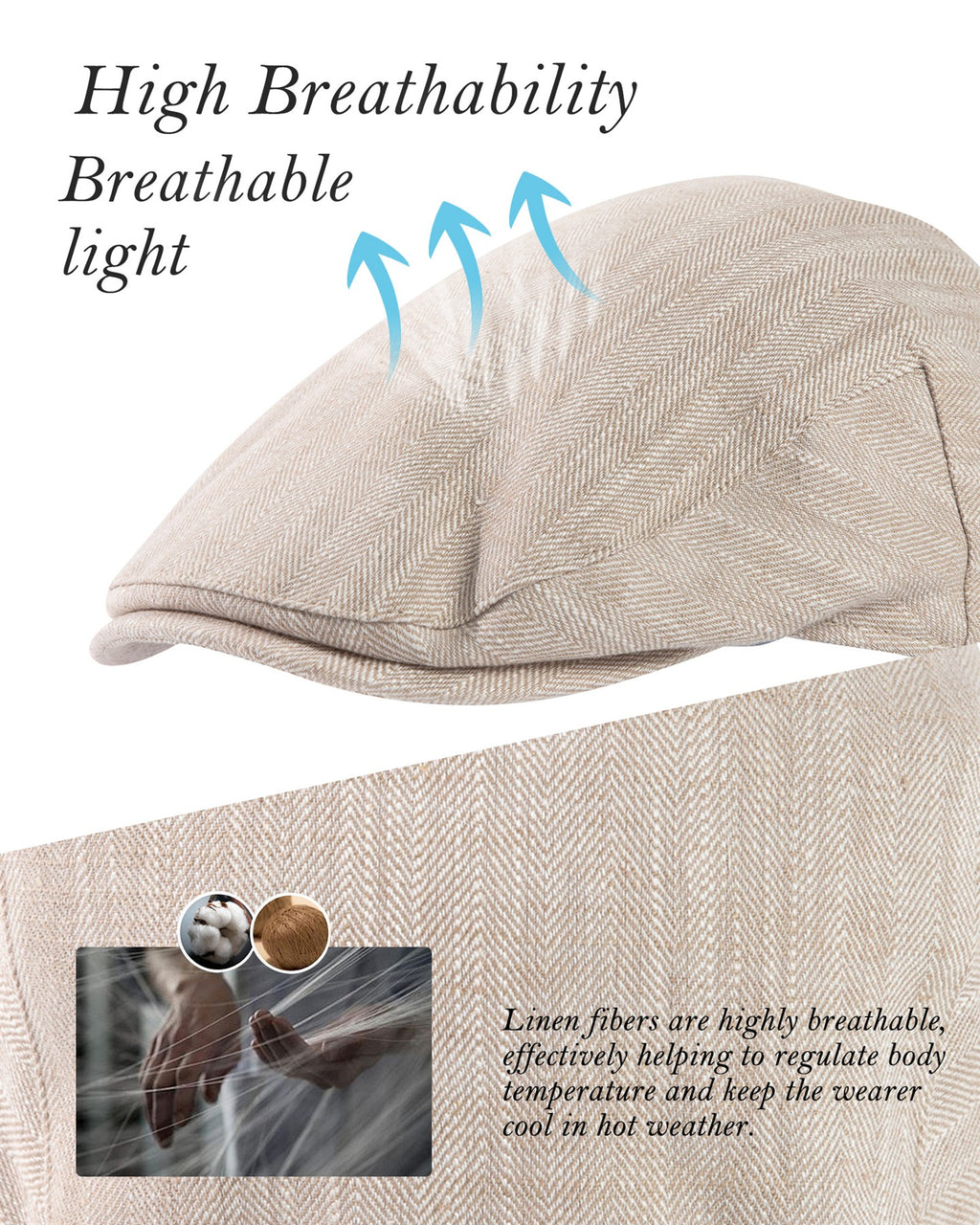 TOP-EX Casquette plate gavroche homme en mélange de lin, rafraîchissante d'été, doublure coton, M/L, chevrons beige