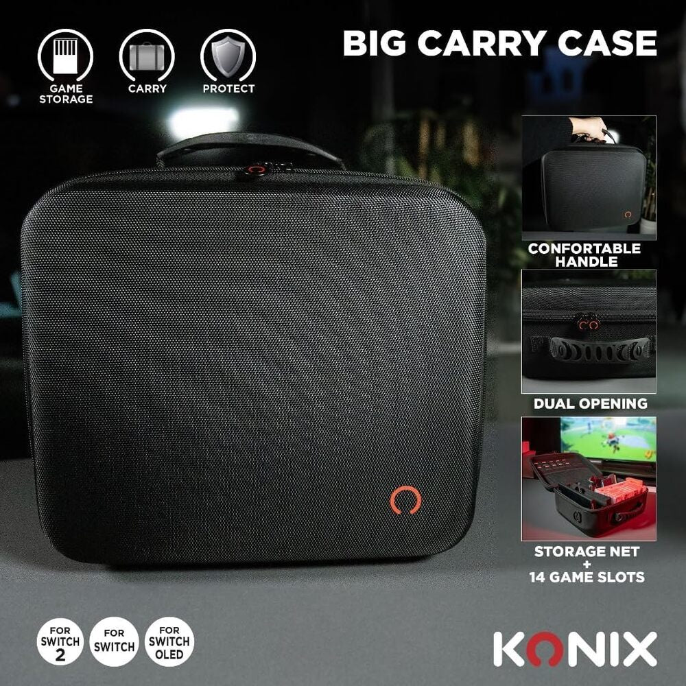 Konix Sacoche de protection et transport Big Carry Case console Nintendo Switch 2 - Filets rangement accessoires - 14 compartiments jeux - Noir