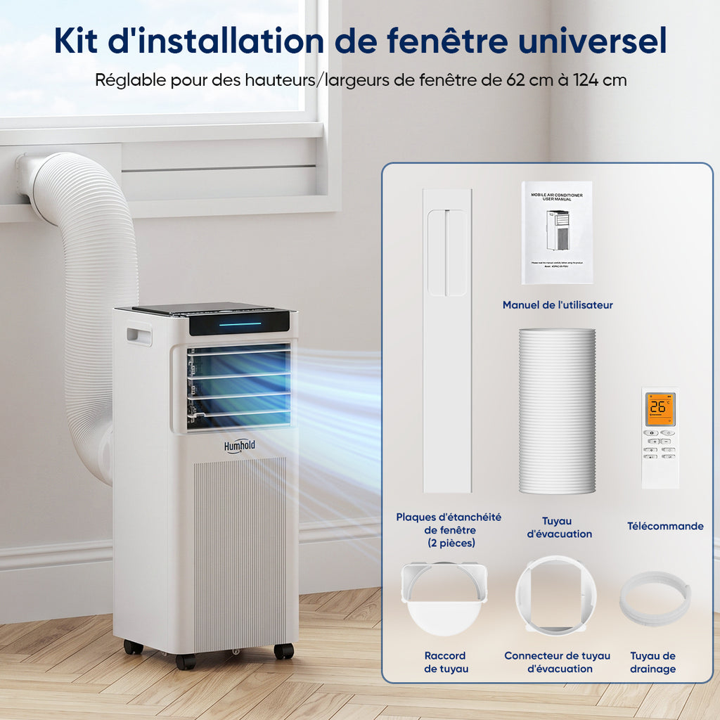 Humhold 9000 BTU climatiseur portable, unité de climatisation 3 en 1 de 2,6 kW pour pièces jusqu'à 30 m², avec modes refroidissement, déshumidification et ventilation
