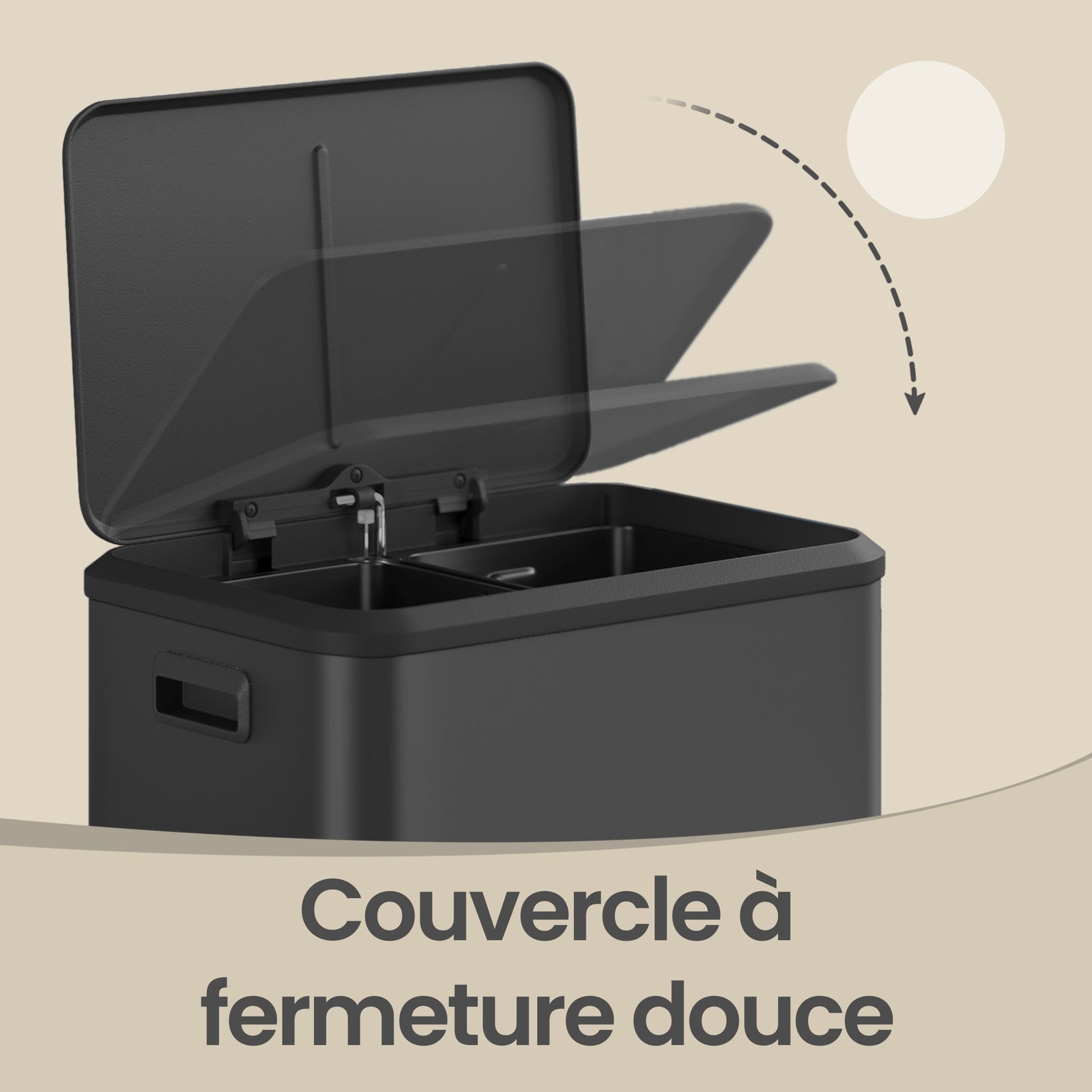 JOYFURNOS Poubelle de cuisine à 2 compartiments avec couvercle à fermeture douce, poubelle de recyclage en acier avec seaux intérieurs et pédale large, noir