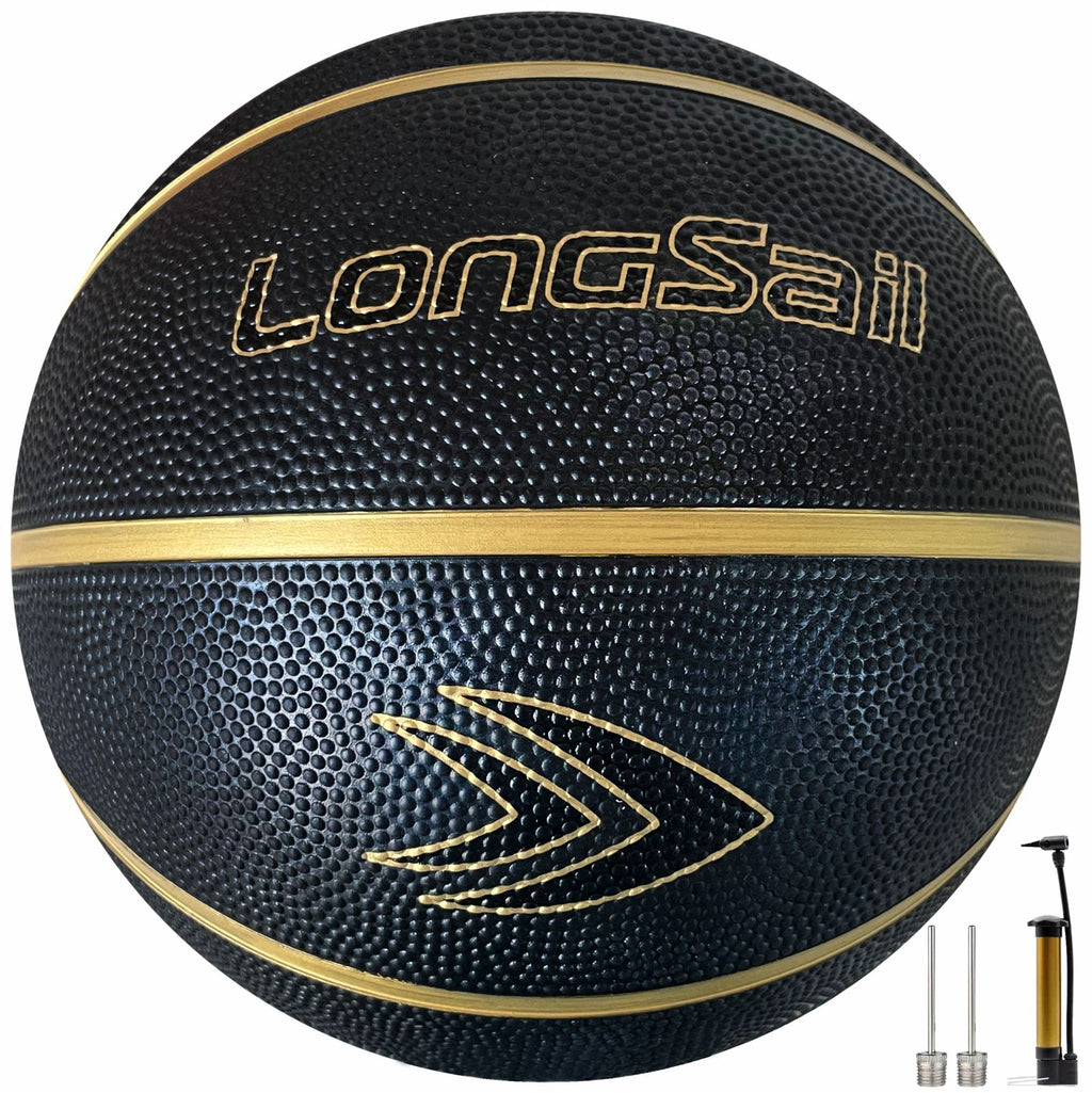 LONGSAIL Ballon de basket-ball en caoutchouc haute qualité (29,5 po) Taille 7 Noir/Or