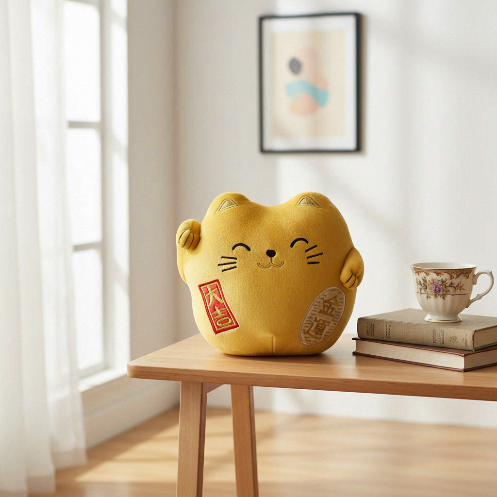 WT&T Peluche Kawaii Maneki Neko Doré Chat Porte-Bonheur 40 cm