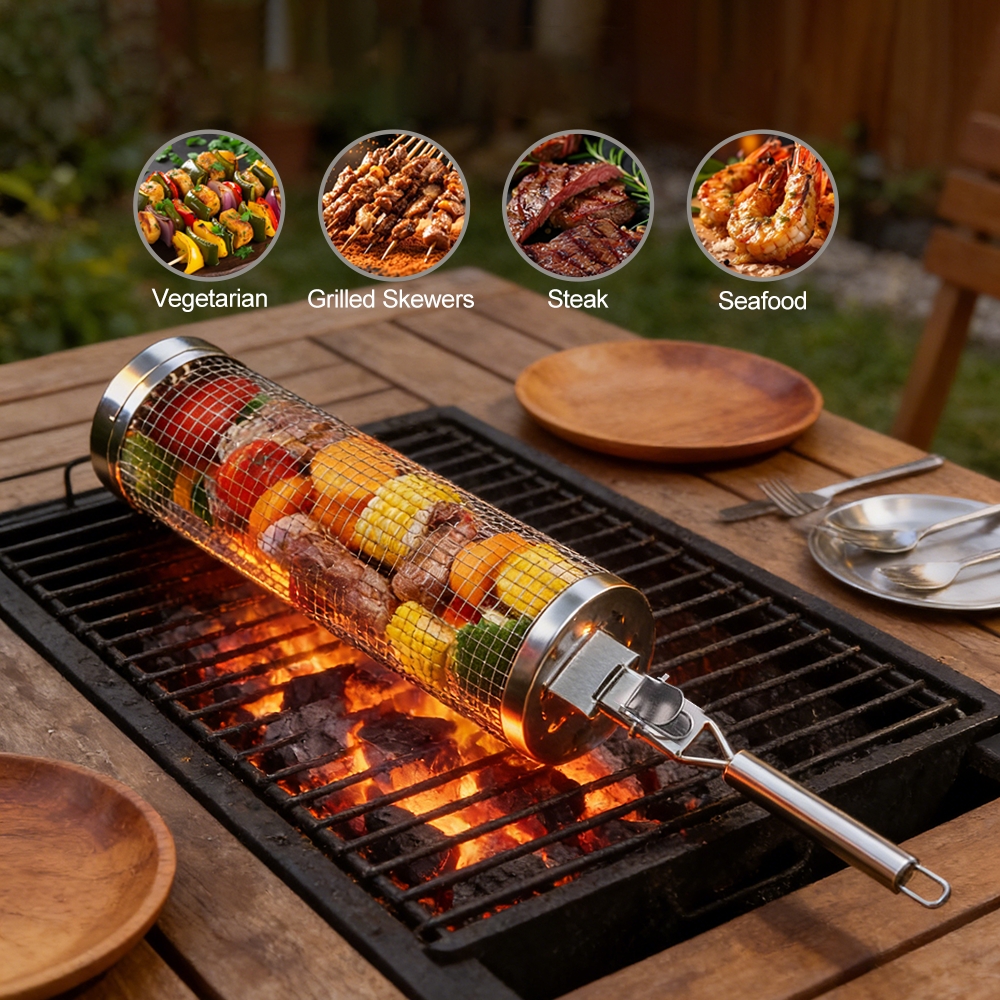 Huacan Panier cylindrique rotatif pour barbecue, grille de barbecue détachable en acier inoxydable, outil de barbecue fumé, portable extérieur 1 pièce