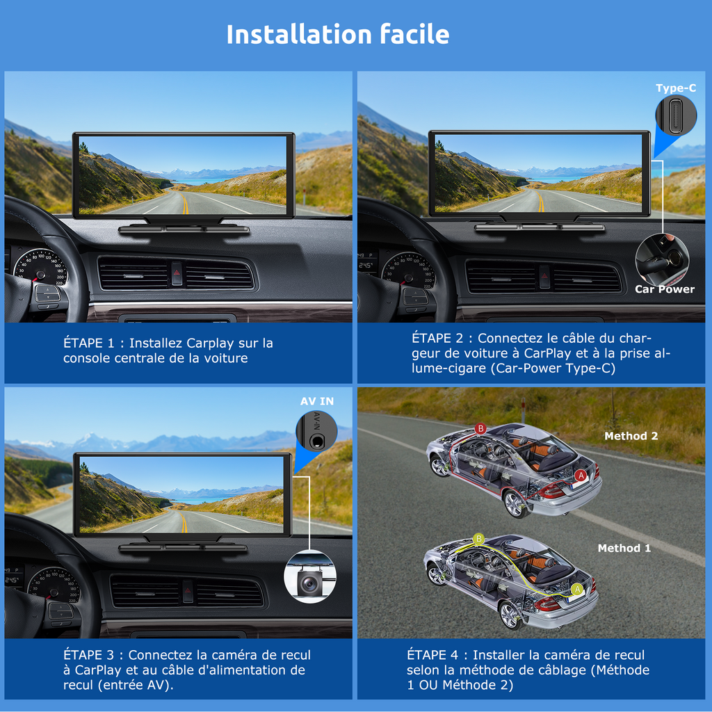 ESSGOO Écran CarPlay HD portable 10,26 pouces, CarPlay sans fil, Android Auto et recopie d'écran, caméra embarquée avant 4K intégrée + caméra de recul AHD 1080P