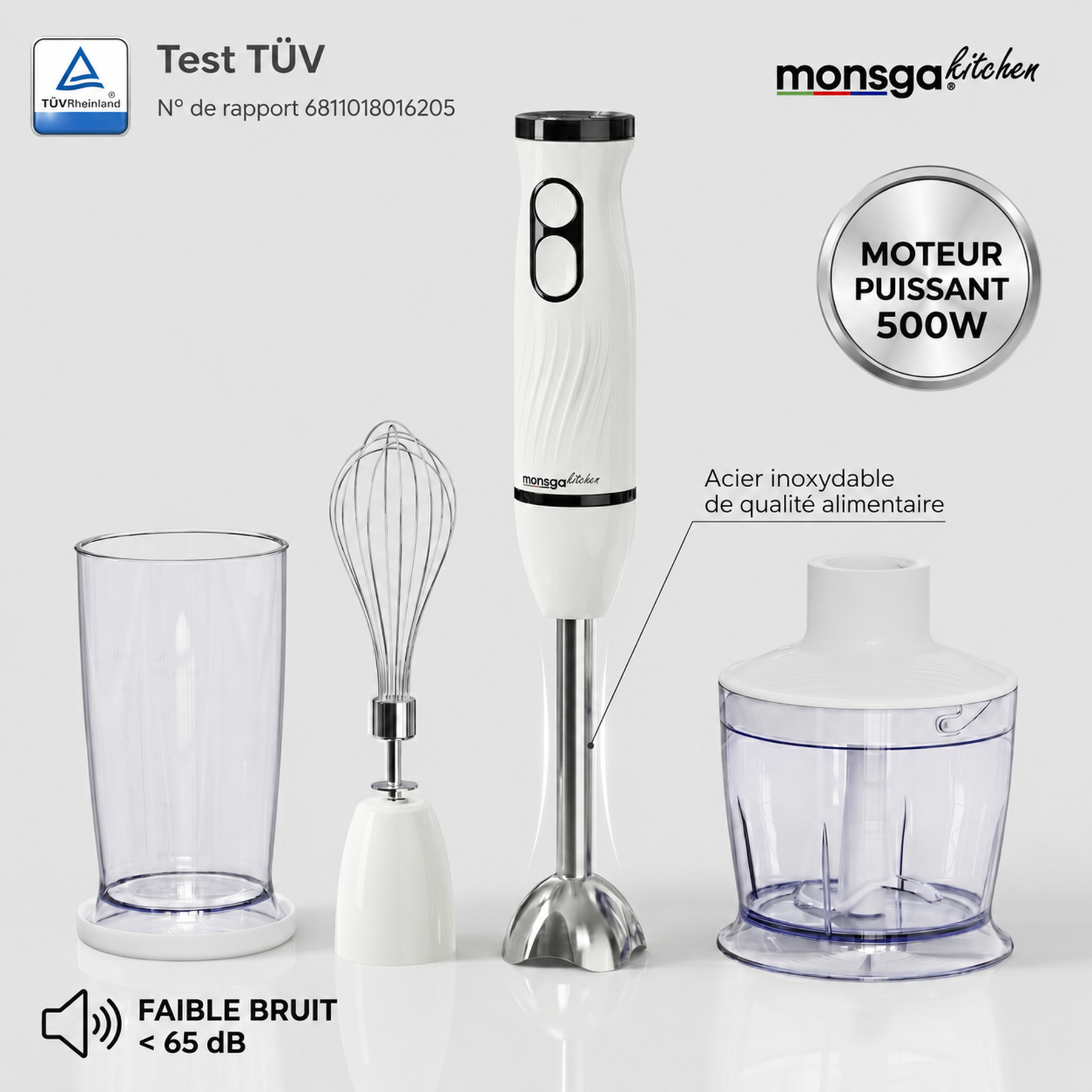 monsga Mixeur plongeant et fouet 2-en-1 S100, Mixeur plongeant ergonomique avec modes normal/turbo, Protection anti-éclaboussures et protection des casseroles, Hachoir 500 ml