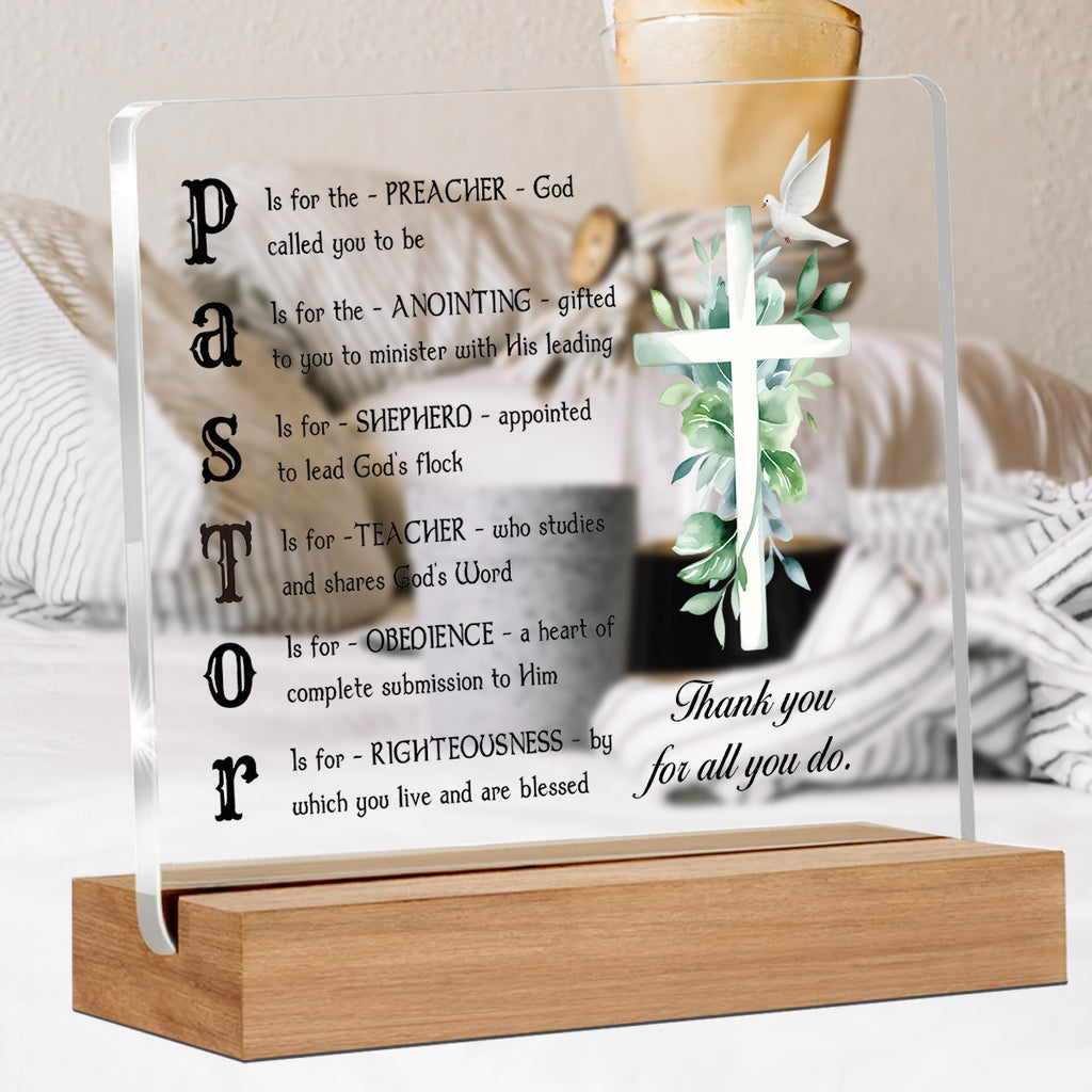 Alphynix 1 pc plaque de leadership spirituel, décomposition de l'acronyme "PASTOR" sur acrylique transparent avec base en bois