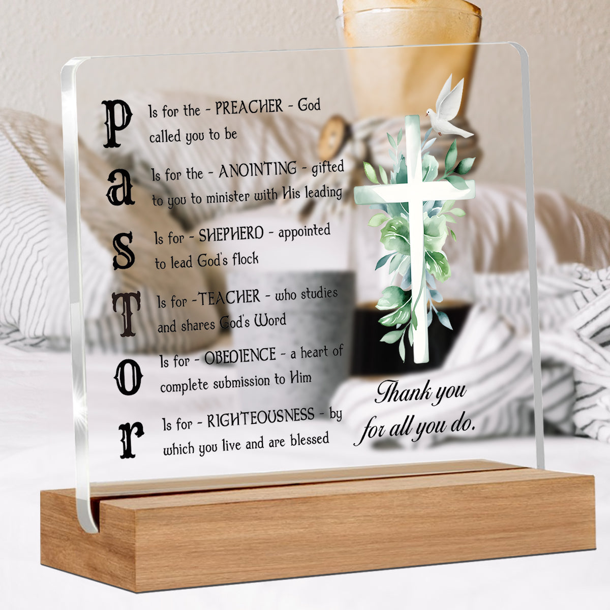 Alphynix 1 pc plaque de leadership spirituel, décomposition de l'acronyme "PASTOR" sur acrylique transparent avec base en bois
